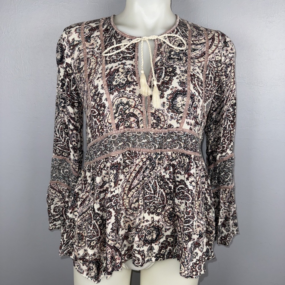 American Eagle Outfitters Top XS Paisley Boho Tassel Babydoll Peasant Keyhole